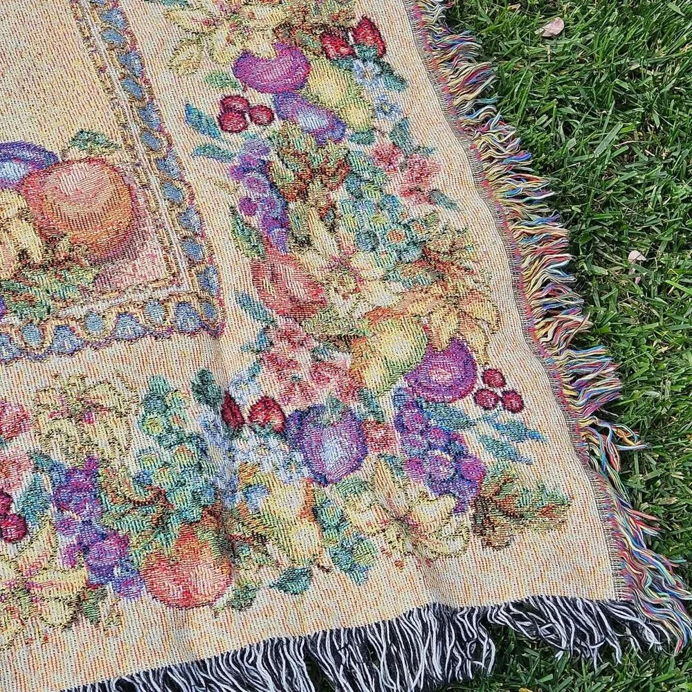 90s boho cottagecore floral fruits colorful tapestry